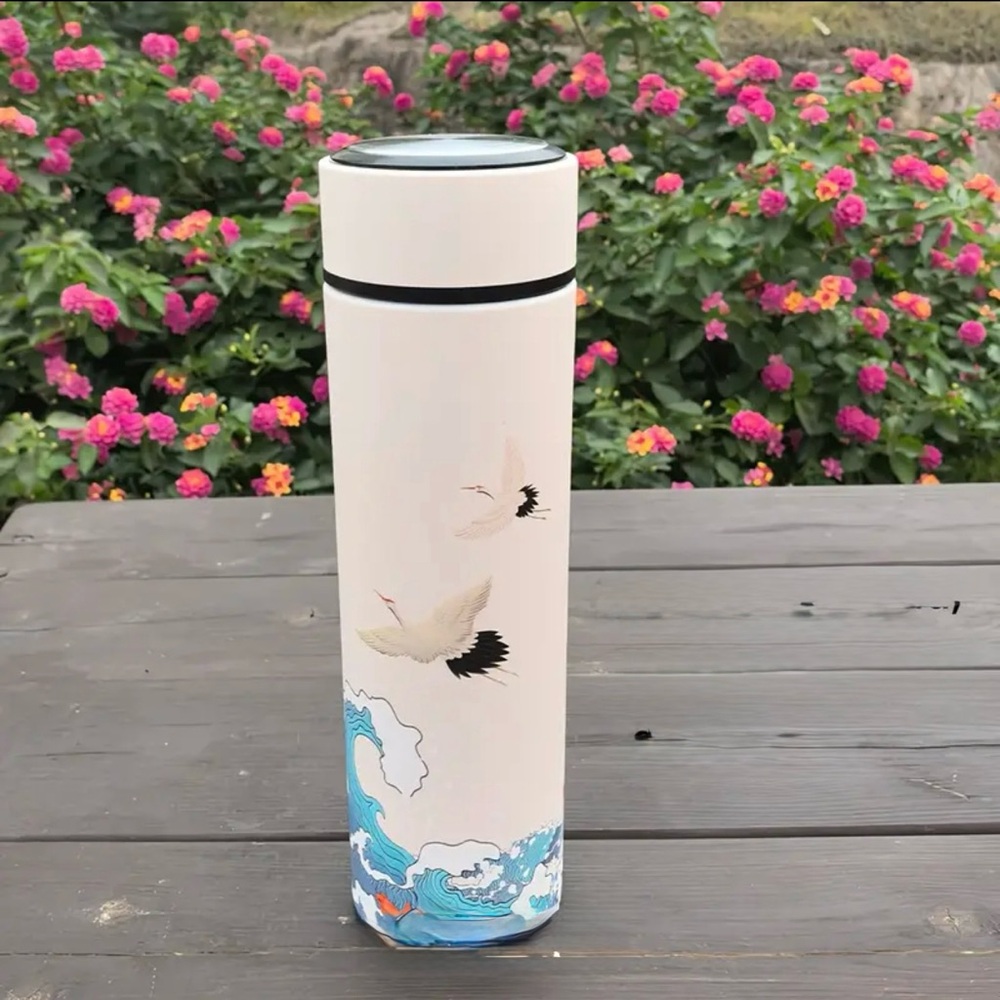NEW 16 oz White Stainless Steel Insulated Thermos Flask - Asian Crane Design